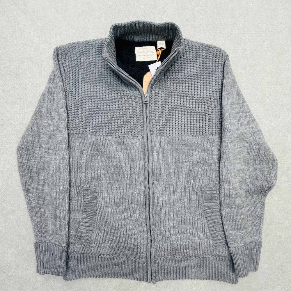 Weatherproof Vintage Mens Full Zip Cardigan Sweater Graphite Gray Sherpa Lined L